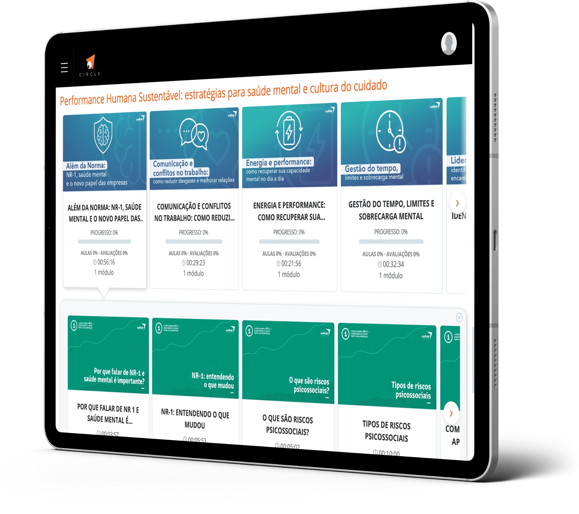 Tablet exibindo a trilha Performance Humana Sustentável na plataforma Circle