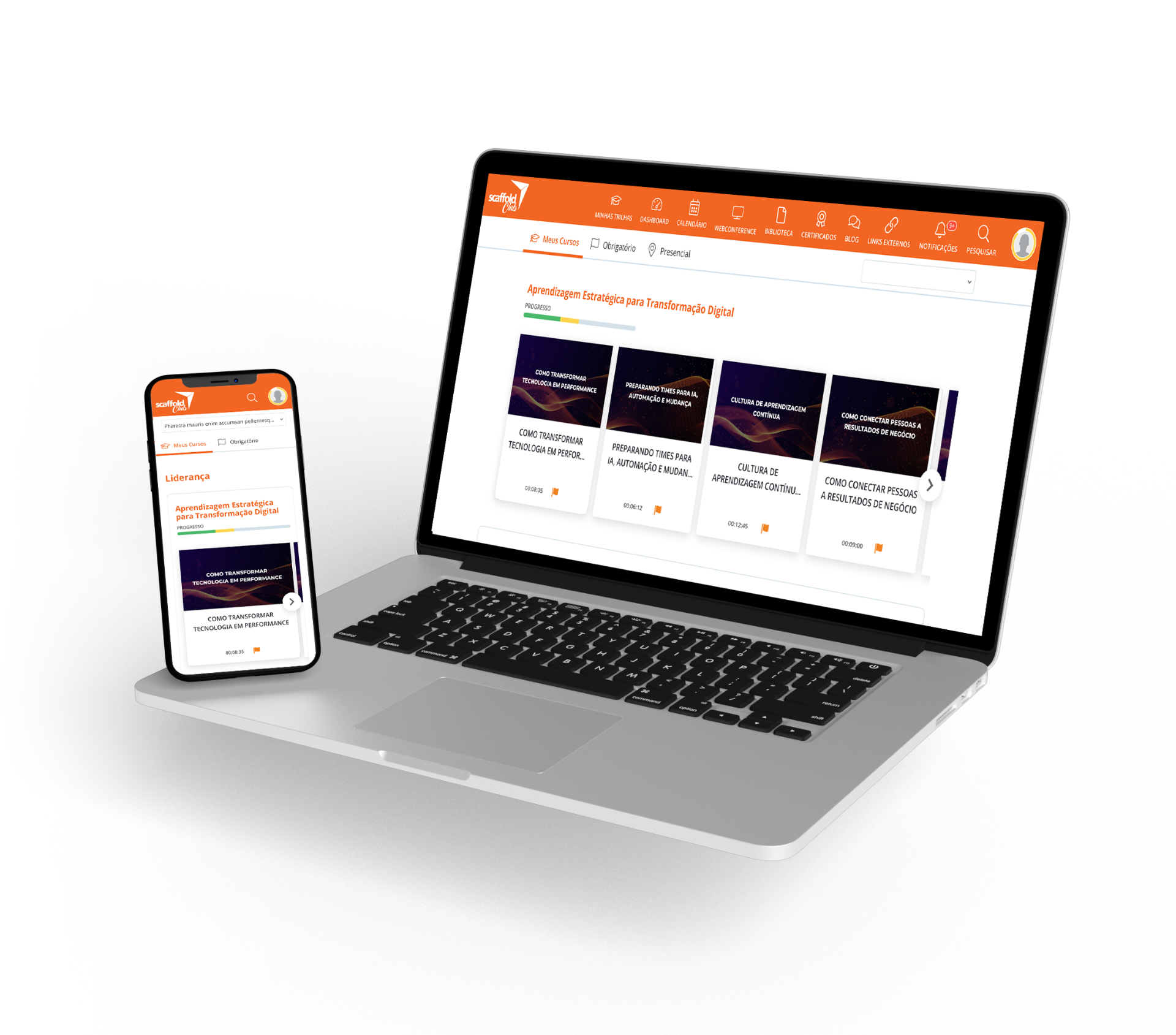 Mockups da plataforma Scaffold em desktop e mobile